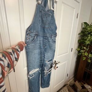 Blue Denim Tomgirl Overalls with Distressed Details